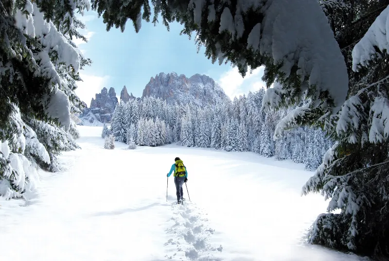 Schneeschuhwanderer in verschneiter Winterlandschaft am Rosengarten in Südtirol – Naturerlebnis beim Winterurlaub im Cyprianerhof.